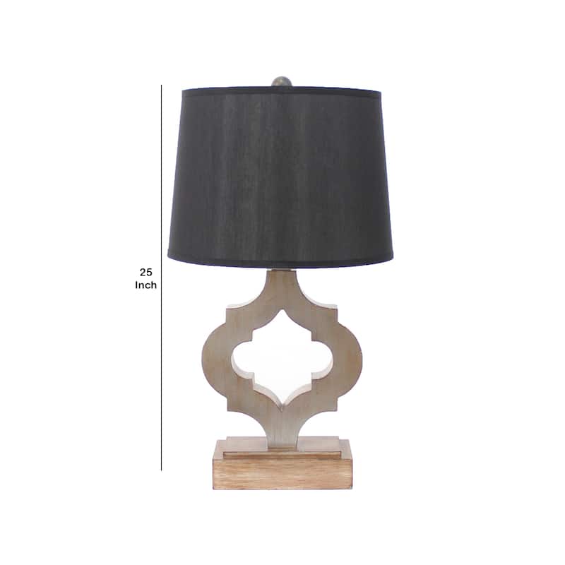 Wooden Table Lamp Set of 2 with Quatrefoil Design Base, Black and Antique White