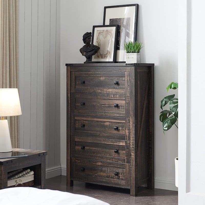 48" Tall Farmhouse 5 Drawer Wood Dresser, Chest of Drawers for Bedroom