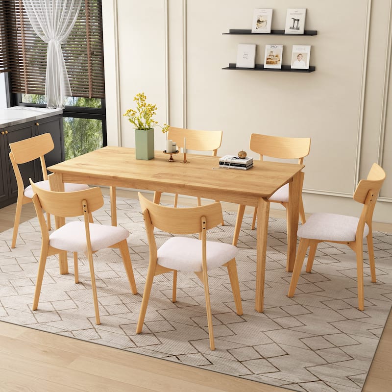 Christopher Knight Home - Thalorin Mid-Century Dining Table with Rubberwood Legs and Upholstered Chair Ensemble - 7 Piece - Light Beige+Natural