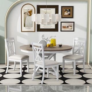 5-Piece Retro Functional Dining Table Set Extendable Round Table and 4 ...