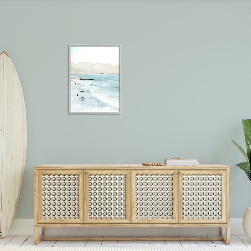 Stupell Surfing Shoreline Sea Waves Foggy Mountains Framed Wall Art, Design by Grace Popp - Blue