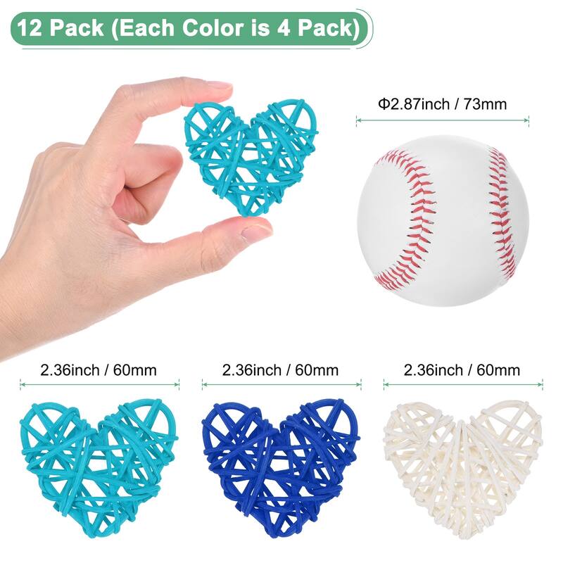 12-Pack Heart Wicker Rattan Balls 2.4Inch for DIY - Dark Blue, Light Blue, White