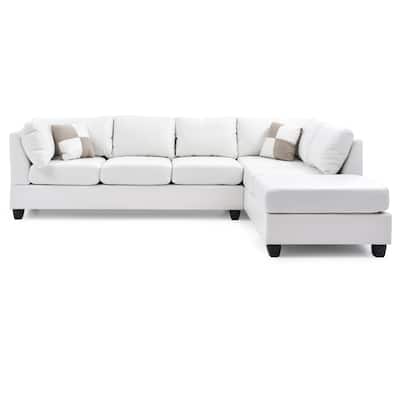 Reversible Faux Leather 4-Seater Sectional Sofa with Throw Pillows - 111" - White