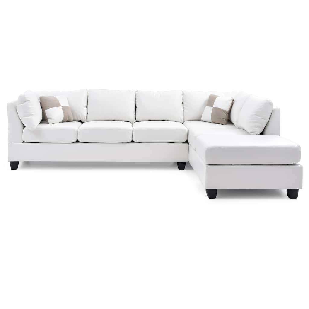 Reversible Faux Leather 4-Seater Sectional Sofa with Throw Pillows - 111" - White