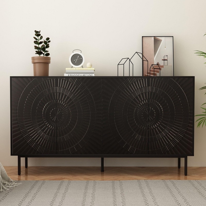 Mid-Century Modern 60" Carved Flower Door Large Storage Cabinet with Four Doors for Living Room and Kitchen Organization