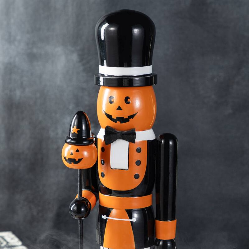 Glitzhome 18.50"H Halloween Wood Pumpkin Nutcracker with Ghost Ornament