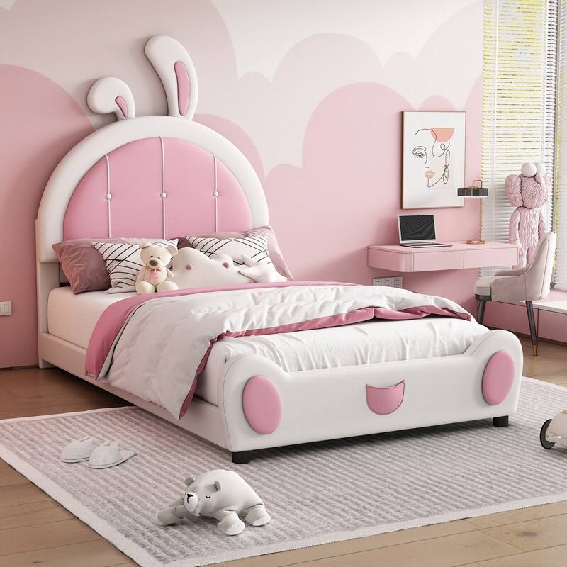 Twin Size Upholstered Platform Bed with Rabbit Shaped Headboard - White