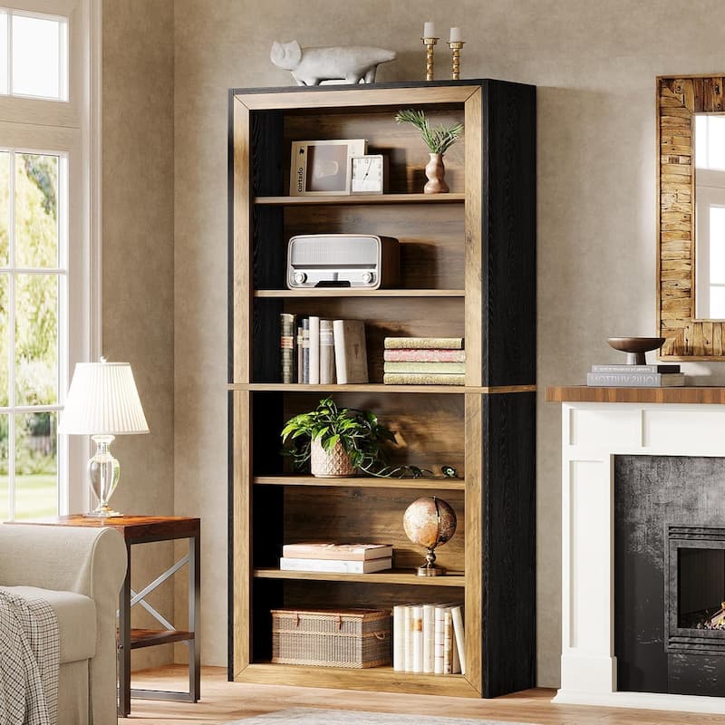 6-Tier Bookcase Tall Open Display Shelves Wood Storage Bookshelf for Living Room Office Bedroom - Black/Brown