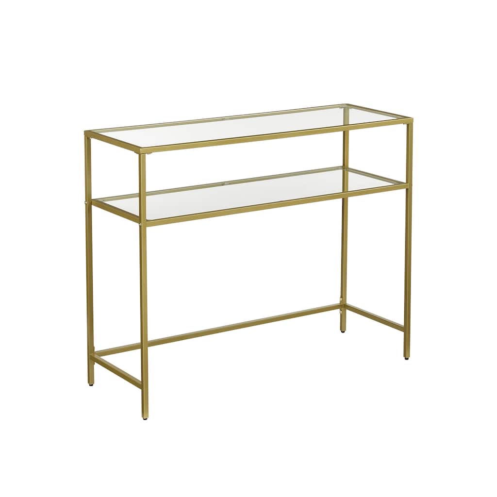 Golden Tempered Glass Top Consol Table with Metal Frame and 2 Shelves - 39.4"L x 13.8"W x 31.5"H