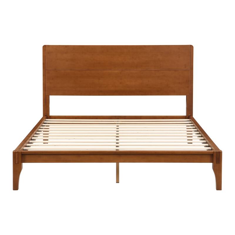 Bamboo Wood Platform Bed/Mid-Century Modern Bed Frame with Tall Headboard/Wood Slat Support/No Box Spring Needed/Easy Assembly