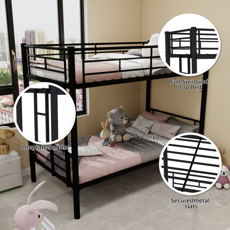 Convertible Twin Over Twin Metal Bunk Bed with Ladders & Guardrail for Kids, No Spring Box Required