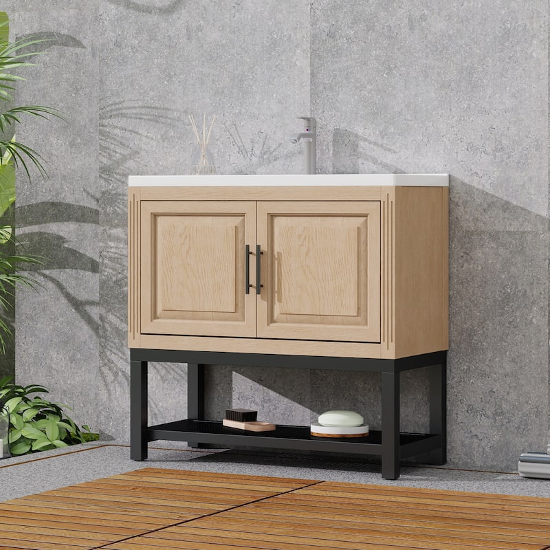 Roomfitters 36 Inch Bathroom Vanity with White Ceramic Sink and Faucet, Freestanding Cabinet with 2 Doors, Natural - Natural