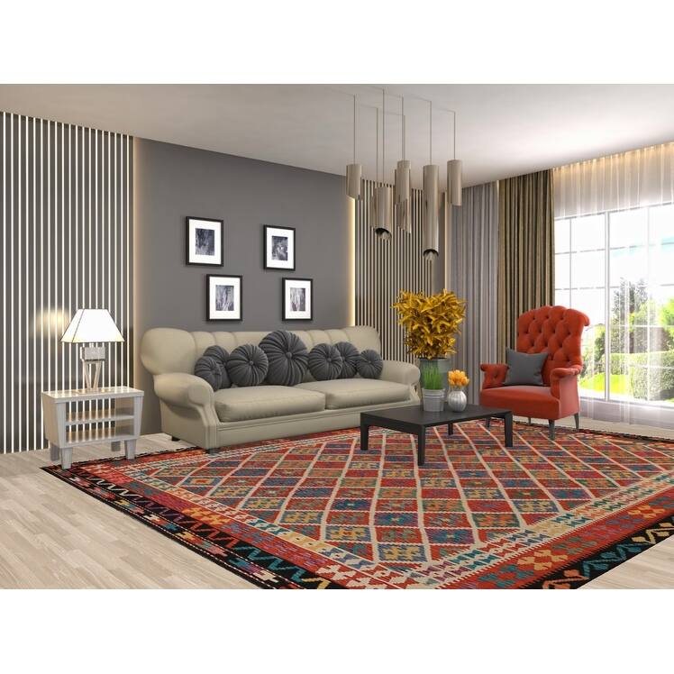 Geometric Trellis Kilim Area Rug Handmade Wool Carpet - 8'8"x 11'4"