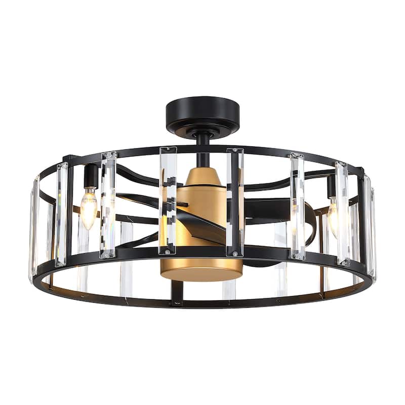 27" Modern Black ABS 3-Blade Crystal Caged Ceiling Fan Chandelier with Remote