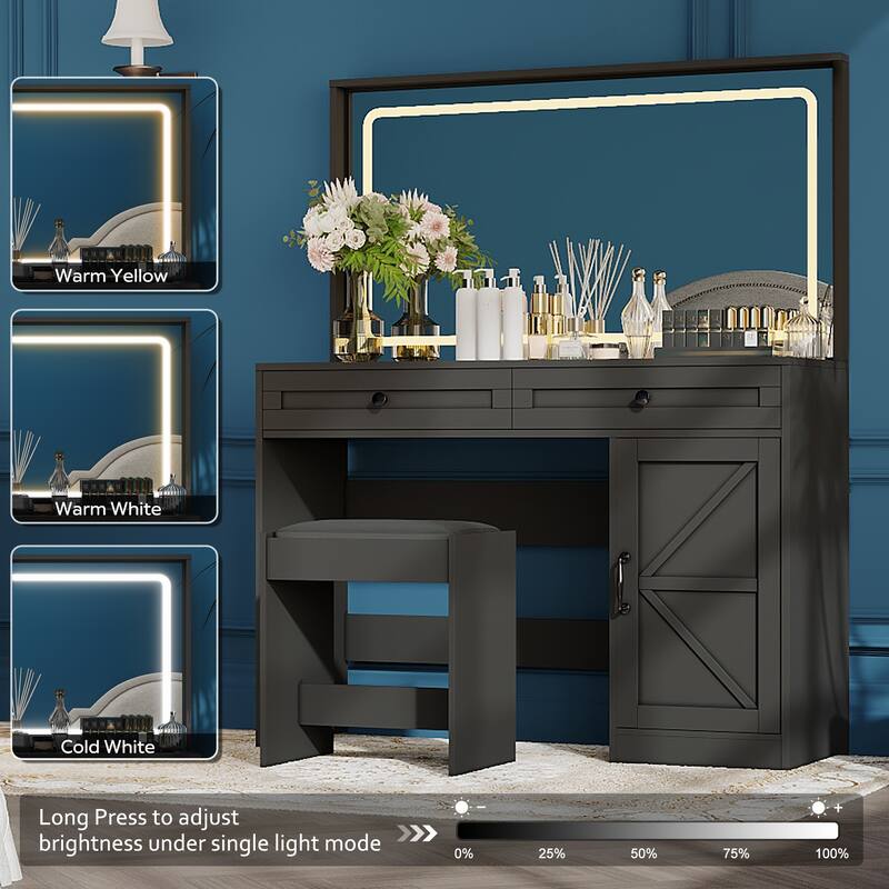 Roomfitters Farmhouse Vanity Desk with Hollywood Makeup Mirror and Lights, Vanity Table with Barn Door with 2 Drawers