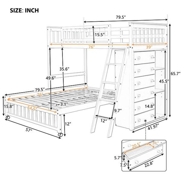 Wooden Twin Over Full Bunk Bed With Six Drawers And Flexible Shelves