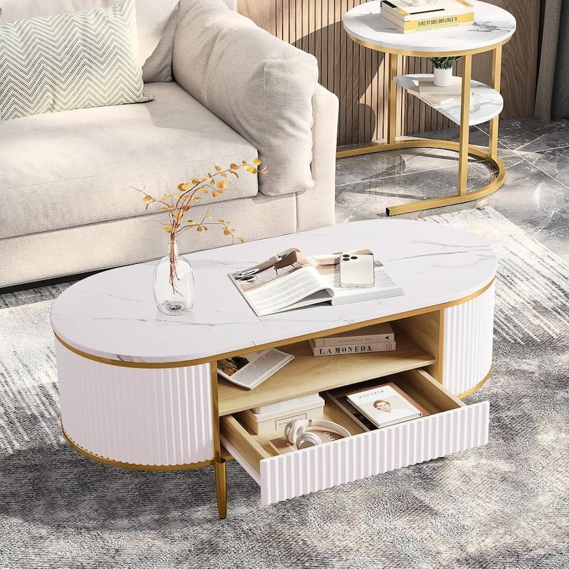 Modern Oval Coffee Table with Drawers for Living Room - N/A - White
