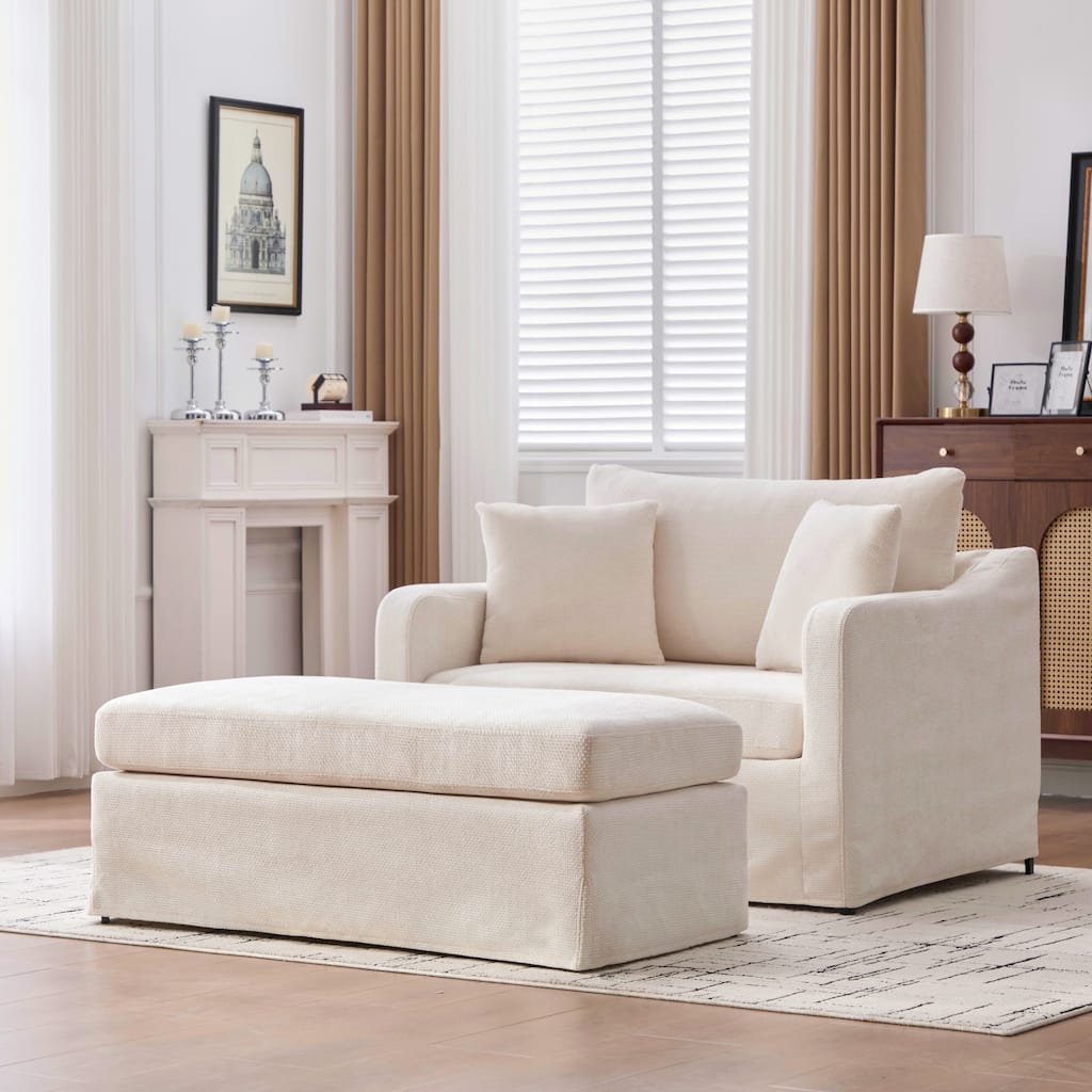Set of Modern Chenille Accent Chair and Storage Ottoman