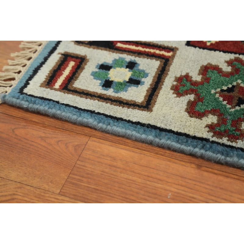 Hand-knotted Traditional Wool Blue Geometric Oriental Area Rug - 5' 11'' X 4' 0''