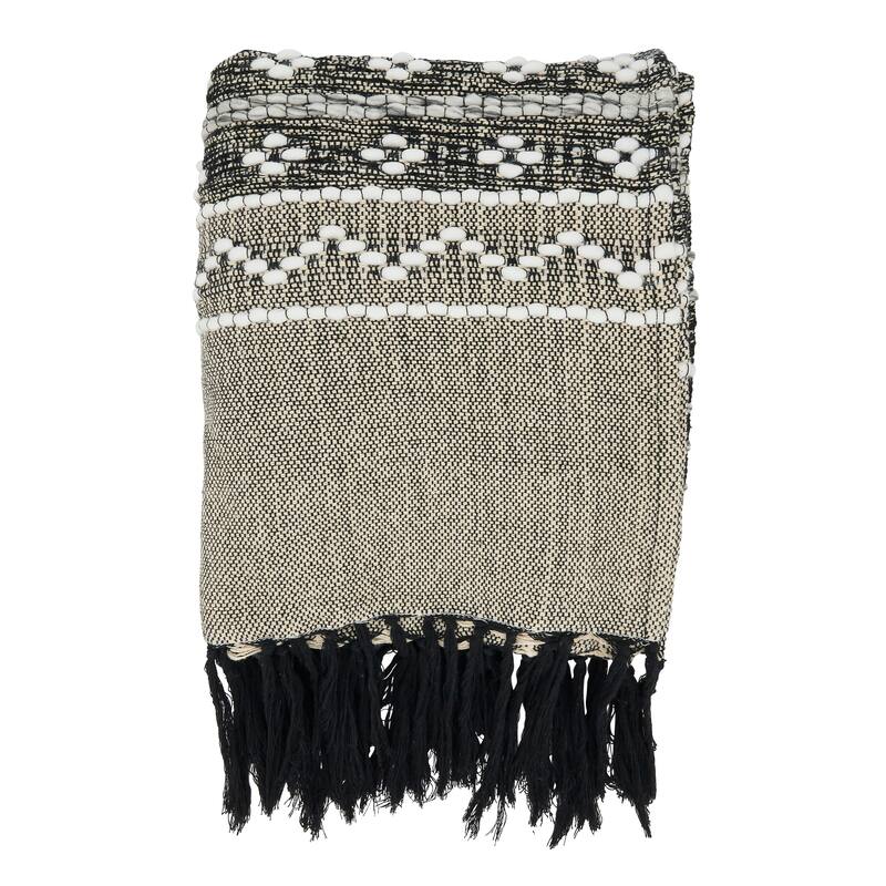 Artisanal Multi-Pattern Fringed Throw - 50"x60" - Black/50"x60"
