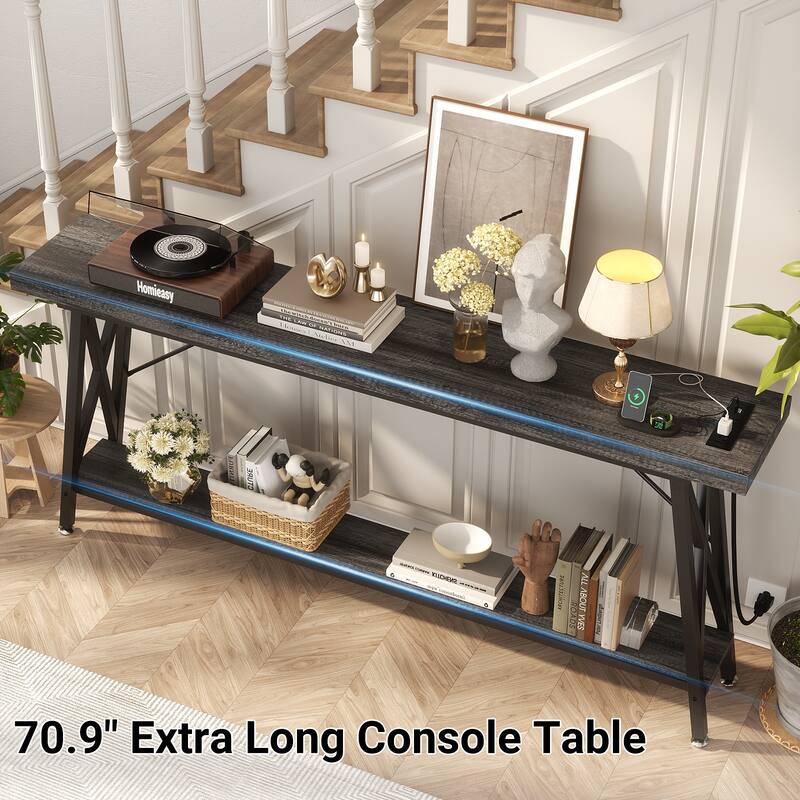 70.9'' Extra Long Console Table Sofa Table with Charging Station and Storage Shelf,Industrial Hallway Entry Table