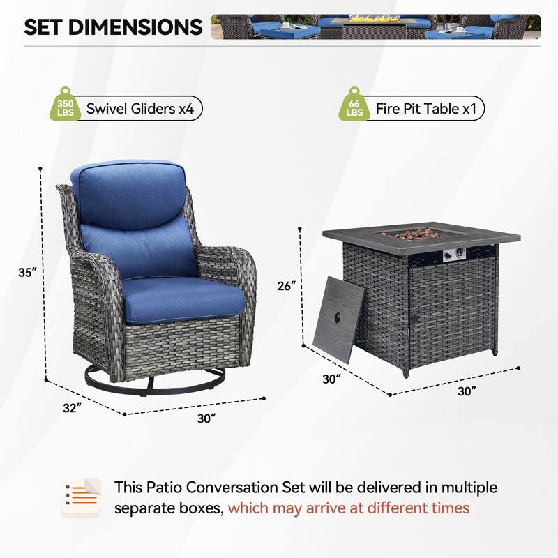 Outdoor Gliders Chairs with Fire Pit Table with 5-Inch Thick Cushions