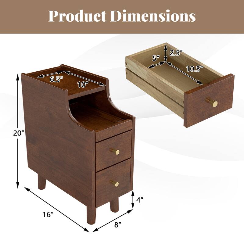 Gymax Solid Wood End Table w/ Pull-out Tray & 2 Storage Drawers Cable