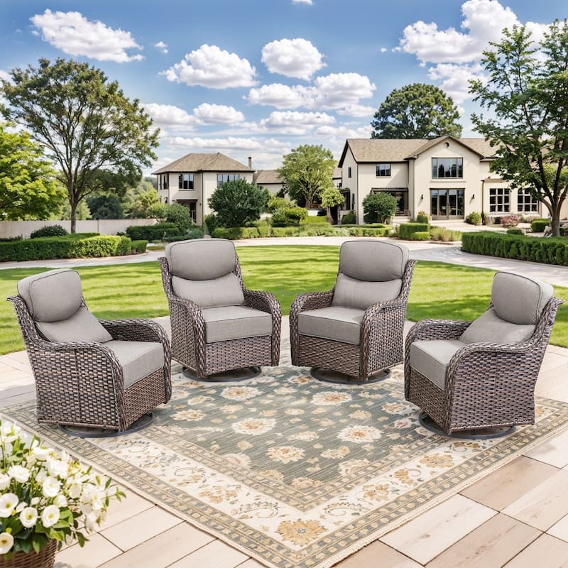 Outdoor Swivel Chairs with 6-Inch Thick Cushions for Garden - Brwon Wicker Grey Cushion - 4PCS Swivel Chair