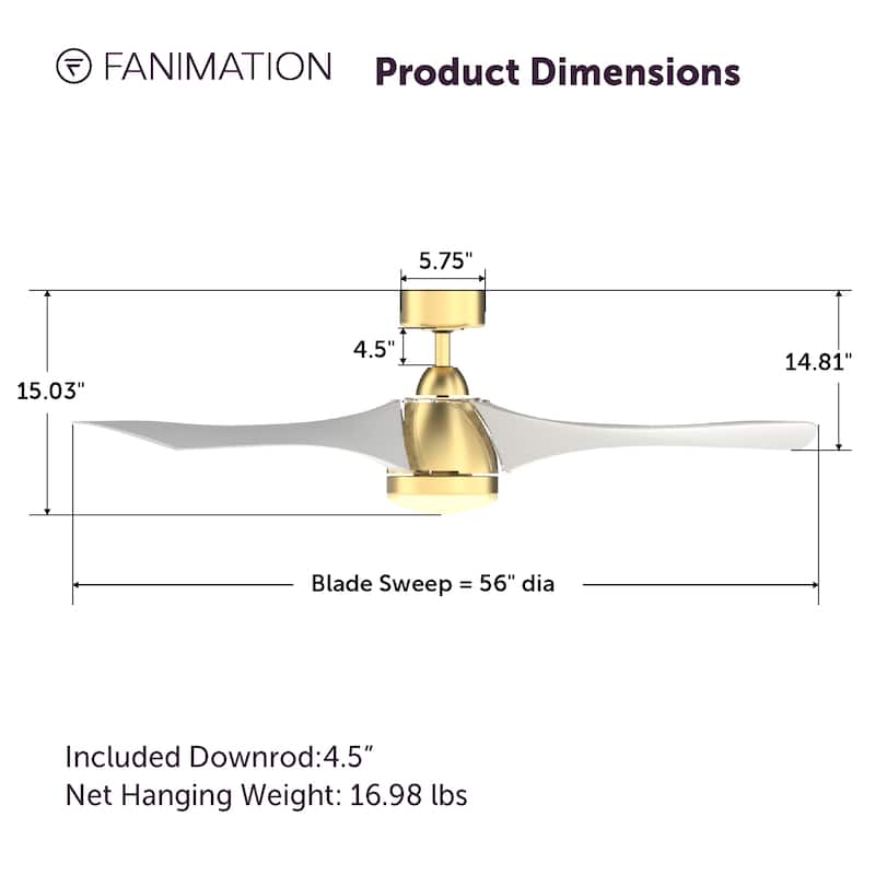 Fanimation Klear 56 inch Indoor/Outdoor Smart Ceiling Fan with LED CCT Select Light Kit and Remote - Brushed Satin Brass & White