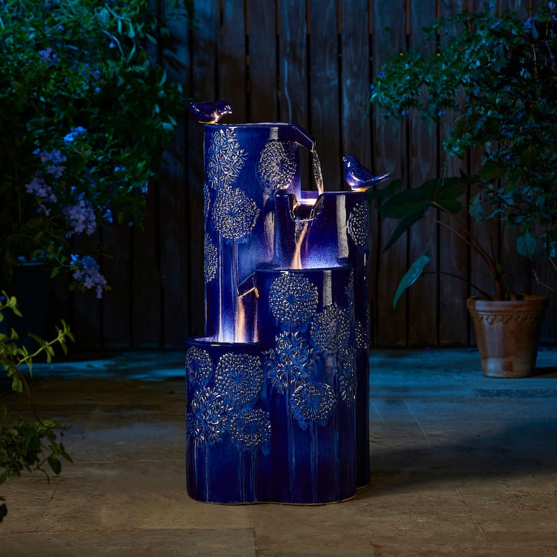 Glitzhome 31.75"H 4-Tier LED Vase-Shaped Ceramic Outdoor Floor Fountain with Birds/ Lotus