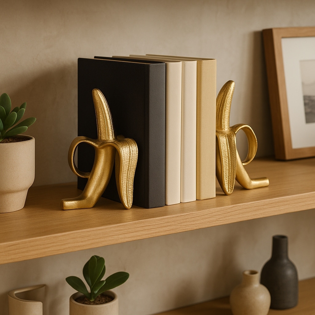 Decorative Metal Banana Sculptures Bookends - Modern Home - 11", Gold - 11.0"