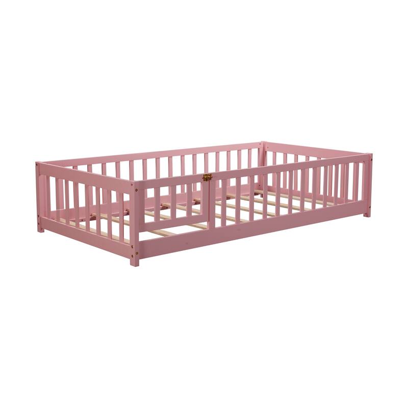 Twin size Floor Platform Bed with Fence and Door