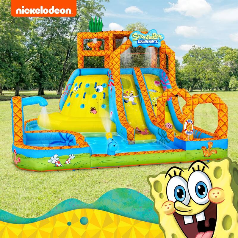 Sunny & Fun SpongeBob Mega Climb N' Go Inflatable Water Slide with Climbing Wall, 2 Slides & More! - One Size
