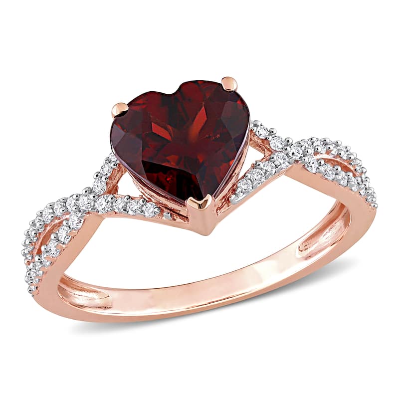 Miadora Heart-cut Garnet and 1/5ct TDW Diamond Crossover Ring in 14k Rose Gold