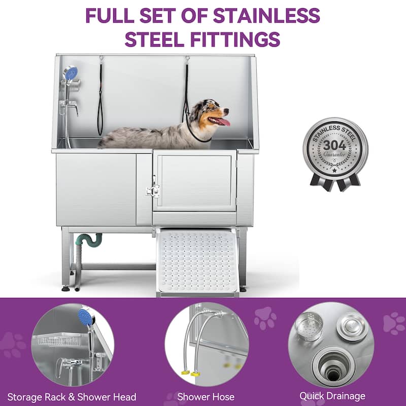50'' W Stainless Steel Adjustable Pet Grooming Tub with Steps Ramp