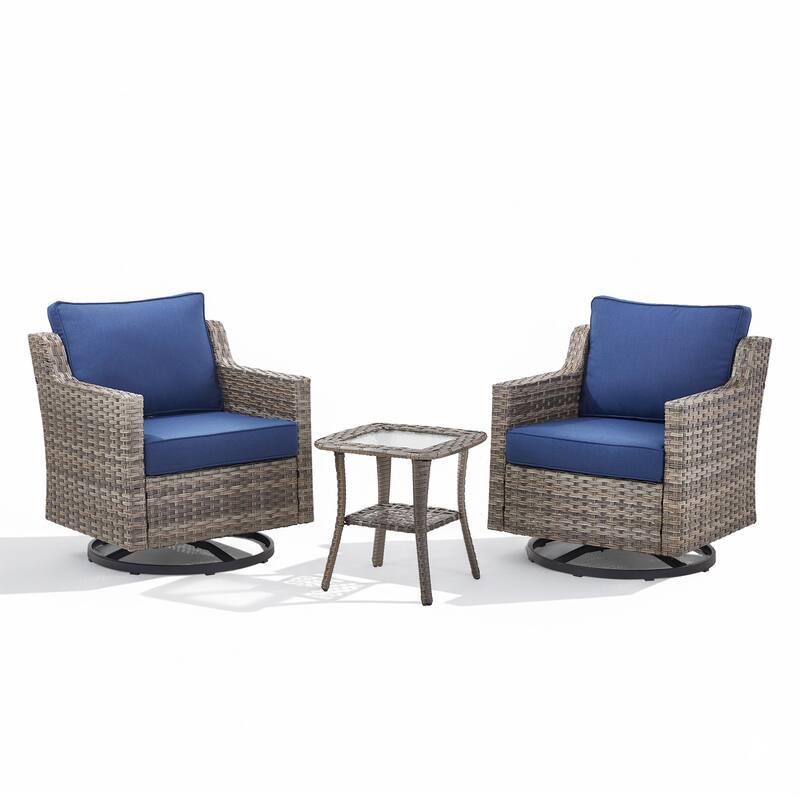 Glissia 3-Piece Gray Wicker Outdoor Swivel Glider Chair Set with 4-Inch Thick Cushions and Side Table