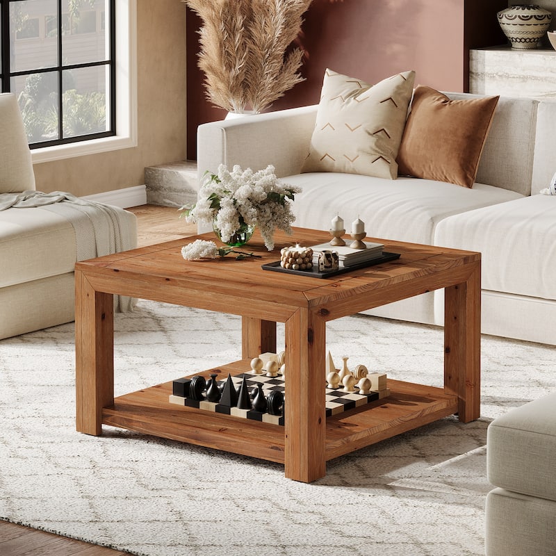Solid Wood Coffee Table, 2-Tier Open Storage Shelf Living Room Center Cocktail Accent Table