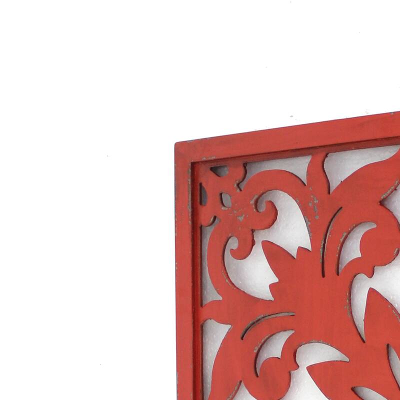 Set of 2 Square Wooden Floral Wall Plaque, Red