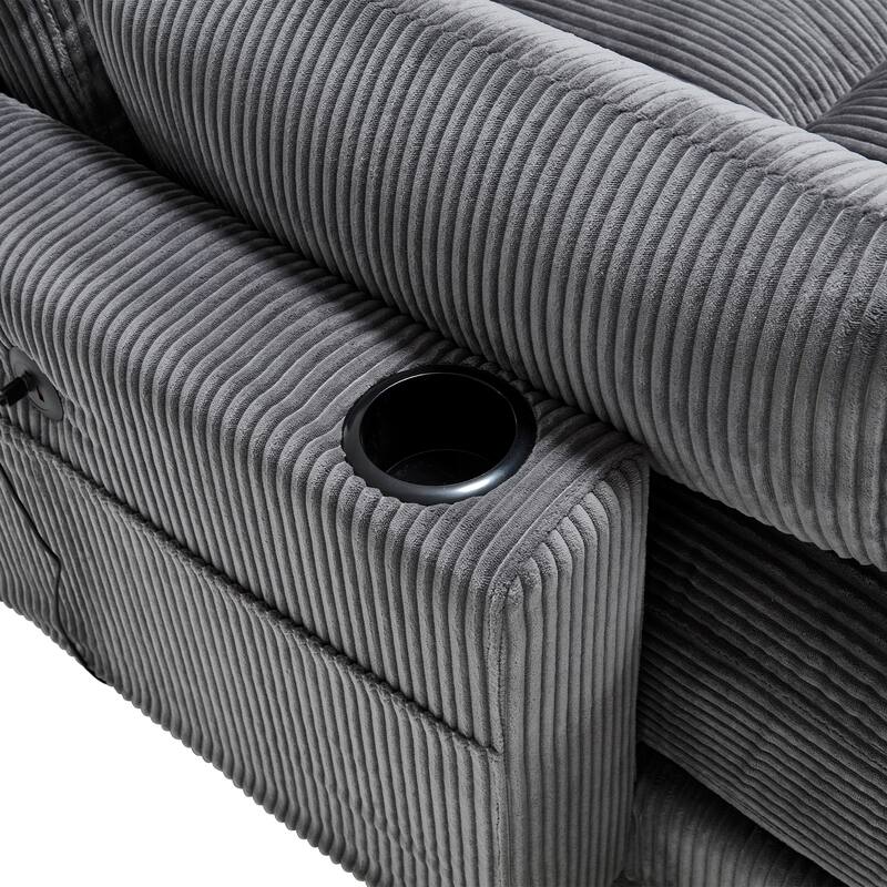 Oversized Corduroy Upholstered Single Chaise Lounge Sofa Couch Switchable Armrest with Cup Holders, USB Ports and Pockets