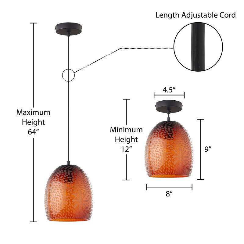 Charlene River of Goods Black Metal and Hand-Blown Glass 8-Inch Pendant Light with Adjustable Hanging Cord - 8" x 8" x 64"