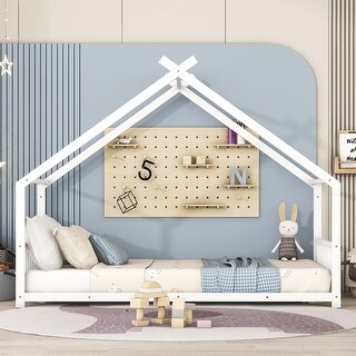 Metal House-shaped Frame Twin Size Floor Bed White Grounded Bed