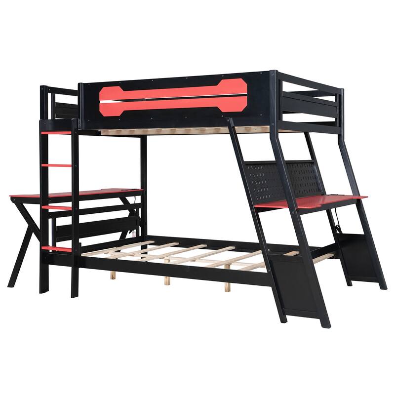 Full Size Bunk Bed with Two Built-In Gaming Desks, USB Desktop Ports & Pegboard Organizer, Gaming Bunk Frame