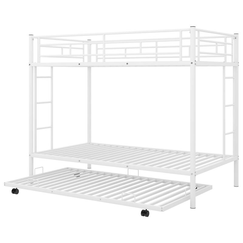Twin over Twin Metal Bunk Bed with Trundle & Slatted Guardrails