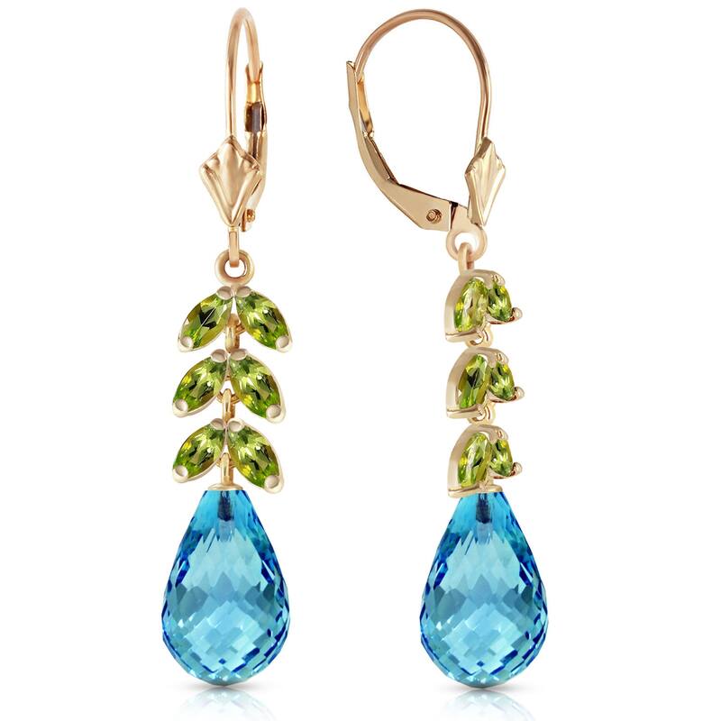 14K Solid Gold Leverback Gemstone Earrings Peridot & Blue Topaz - Yellow