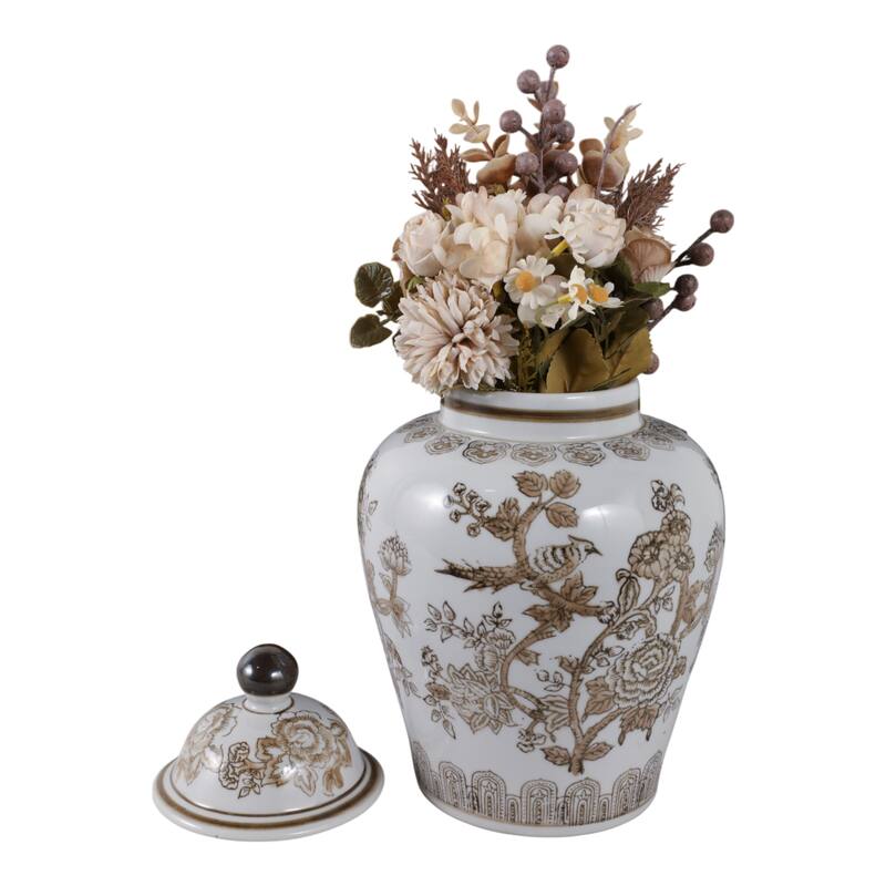 Stoneware Jar Chinoiserie Floral Bird Design Home Office - 12" Brown