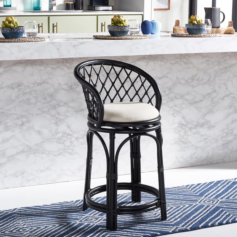 SAFAVIEH Galini 24-inch Rattan Counter Stool with Cushion - 21" W x 21" D x 35" H - Black/White