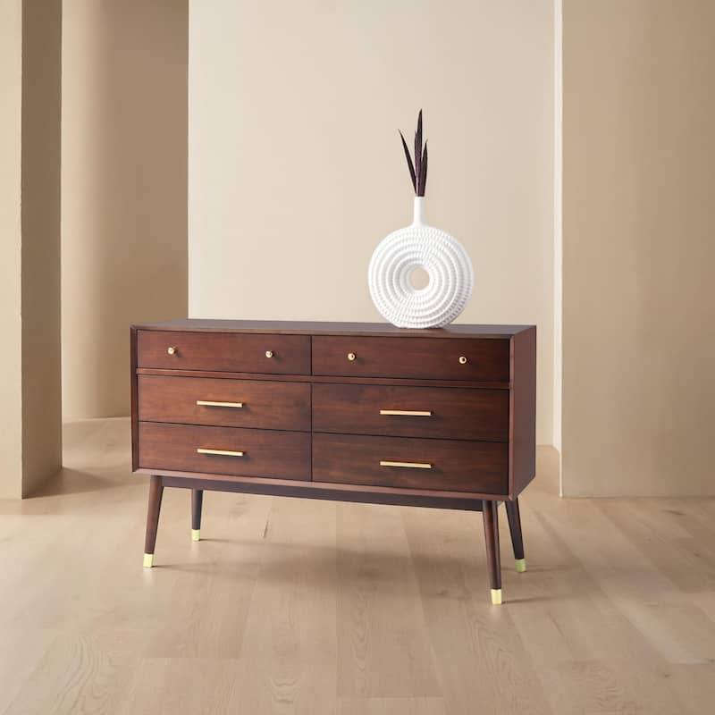 SAFAVIEH Couture Zack 6-Drawer Wood Dresser - Walnut/Brass
