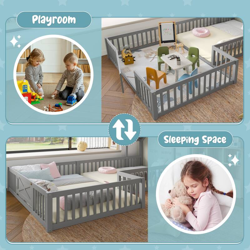 Full Size House Floor Bed, Double Full Floor Bed with Door and Full-length Guardrails, Multi-function Design