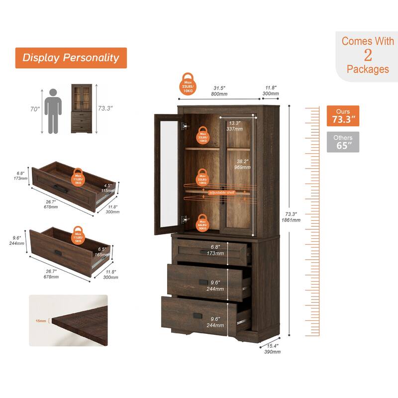 3 Tier Bookcase with Drawer,73.3" Tall Floor Standing Bookshelf