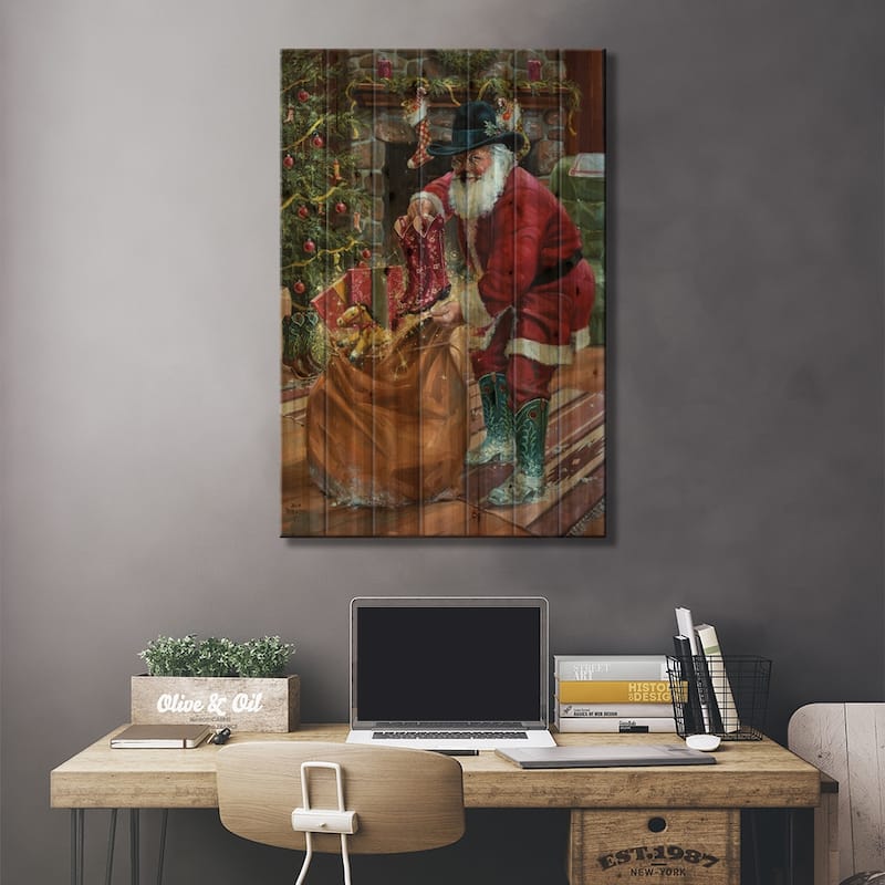 New Boots for Christmas Print On Wood by Jack Sorenson - Multi-Color